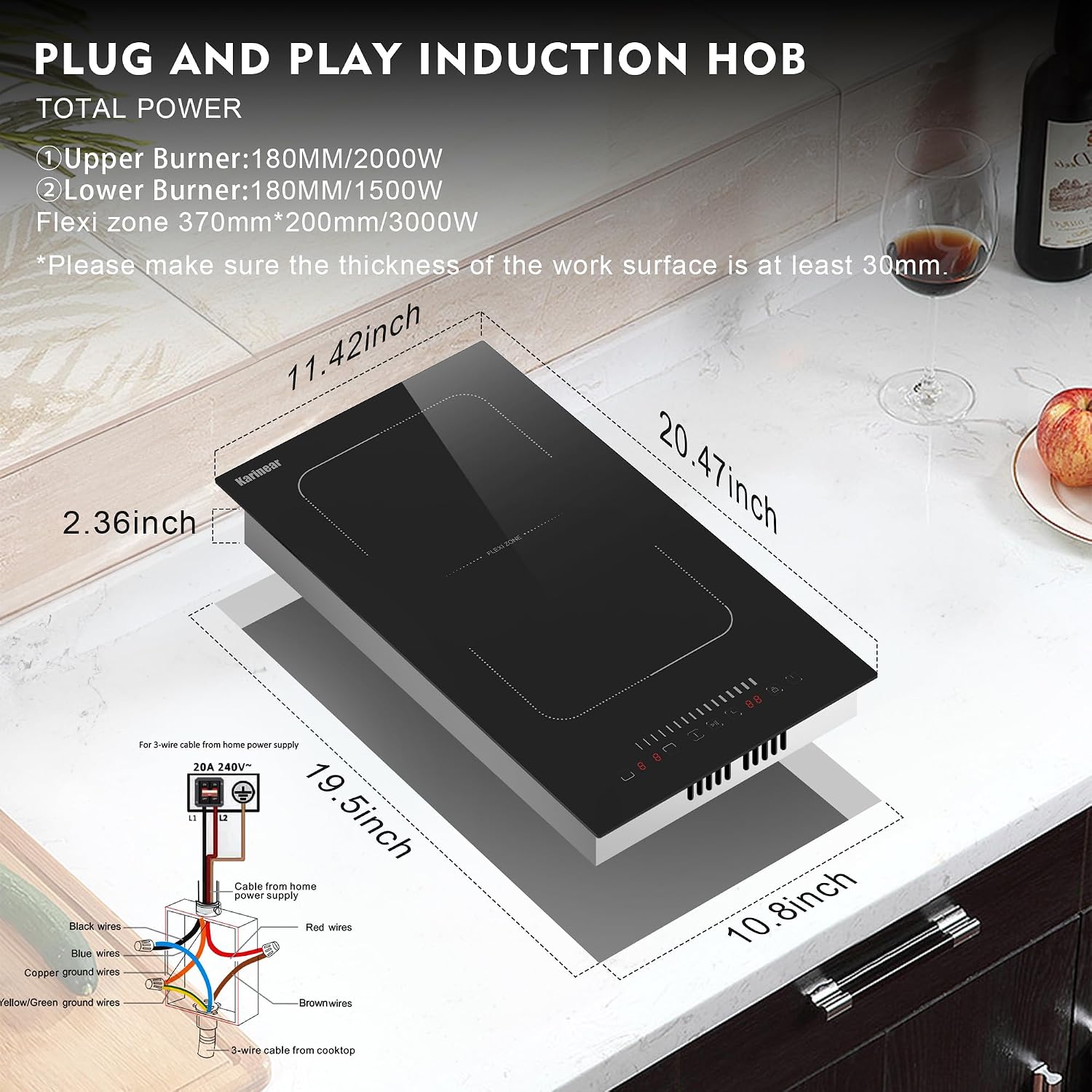 Karinear 12 Inch Induction Cooktop 2 Burners, Built-in Induction Stovetop with Flex Zone,Child Safety Lock, Timer, Pause, Slider Control Black Glass Electric Cooktop 220V 3500W(come with a pot)