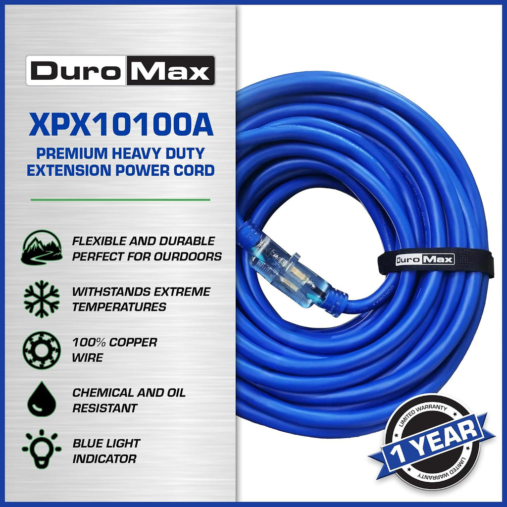 DuroMax XPX10100A Heavy Duty SJEOOW 100-Foot 10 Gauge Blue Single Tap Lighted Extension Power Cord