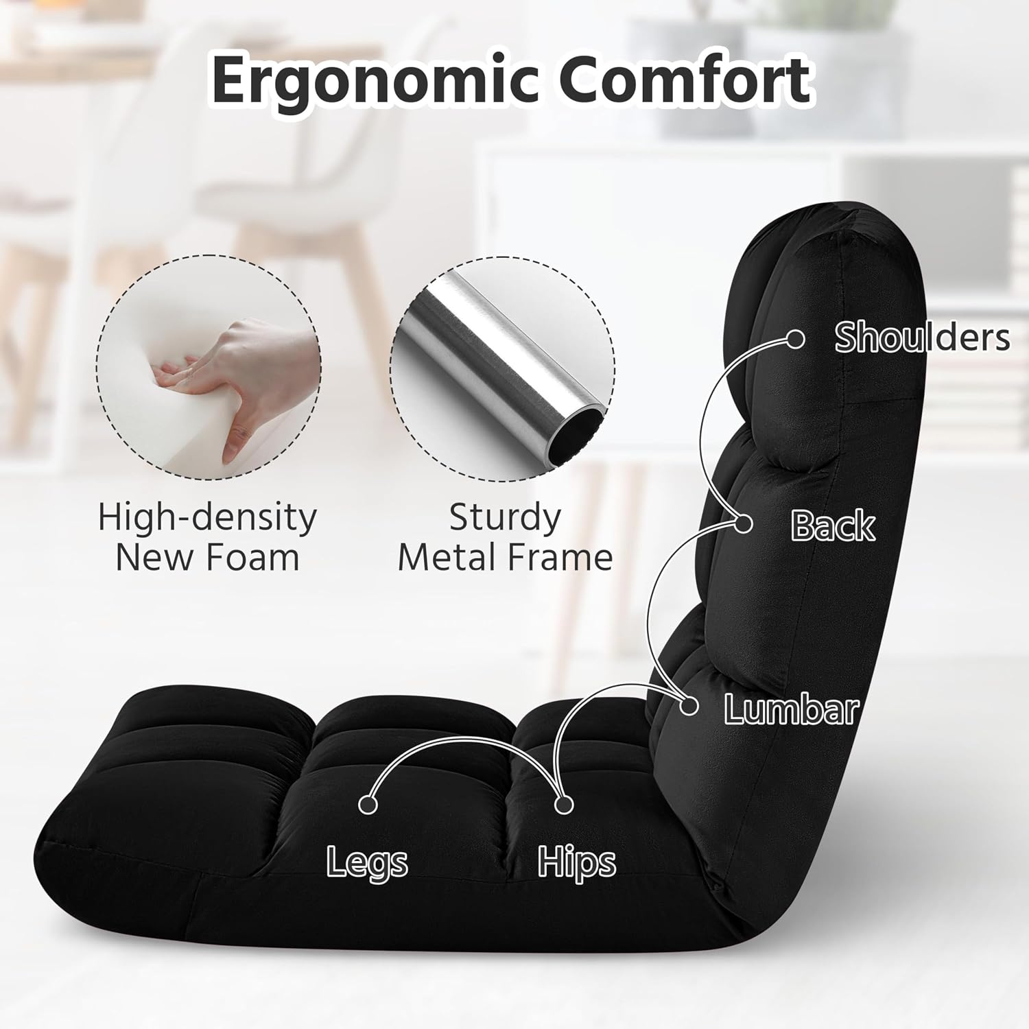 Yaheetech Floor Chair, Meditation Chair with Back Support Gaming Floor Lounger with 14 Adjustable Position for Adult, Black, 2pcs