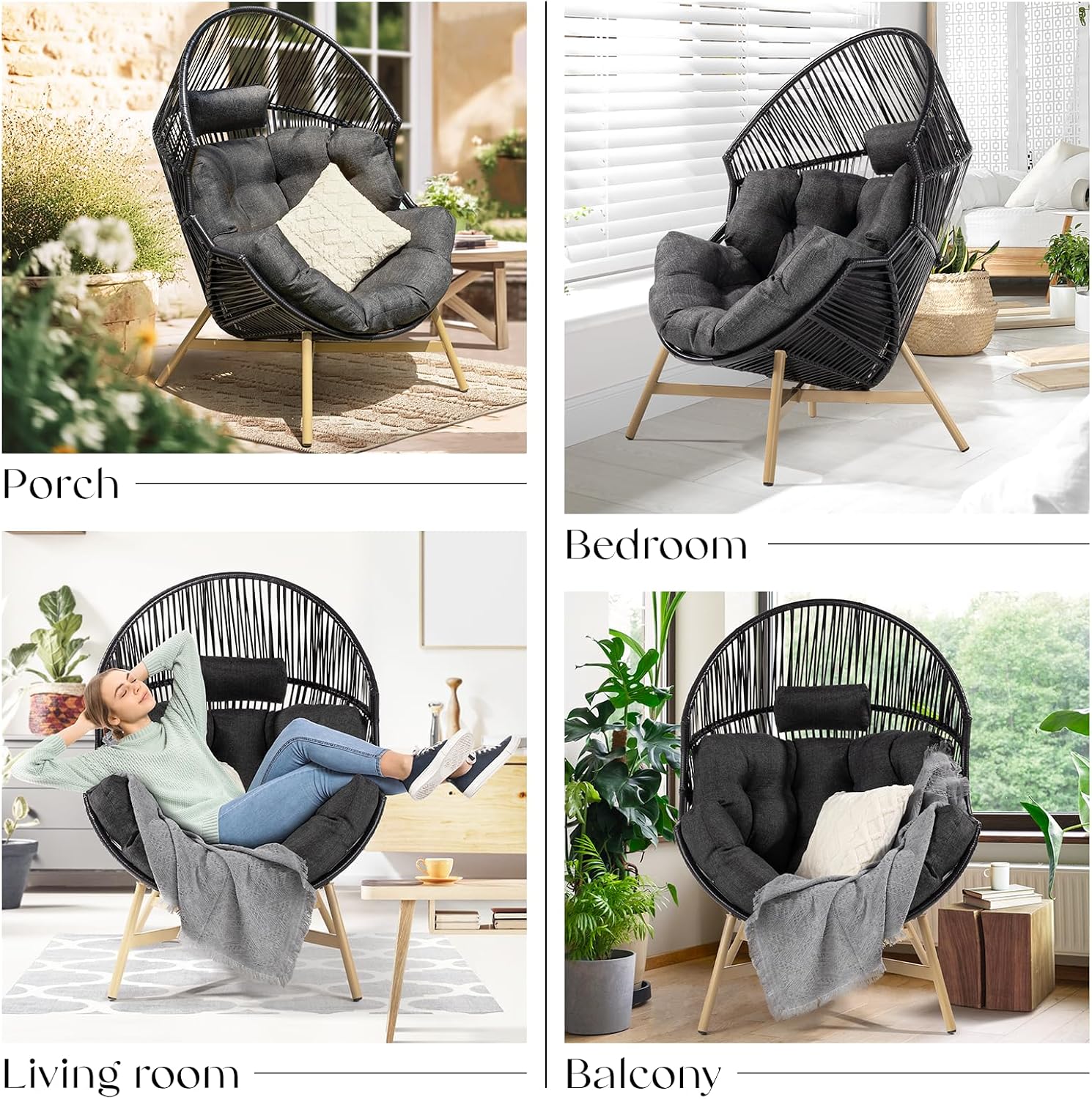 Bme Heavy Duty 500 Lbs Capacity Wicker Egg Chair for Outside & Indoor, UV 2000 Hours Material with Flame Retardant Tested Cushion, Durable Against Water, Weather, Black Base