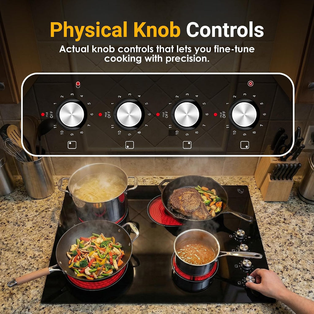 K&H 4 Burner Electric Cooktop - 30 Inch Built-In Radiant Ceramic Stove Top with 11 Power Levels & Knob Control, Compatible with All Cookware, 240V, 7200W High-Power Built-in Electric Stove, CE30-7206K