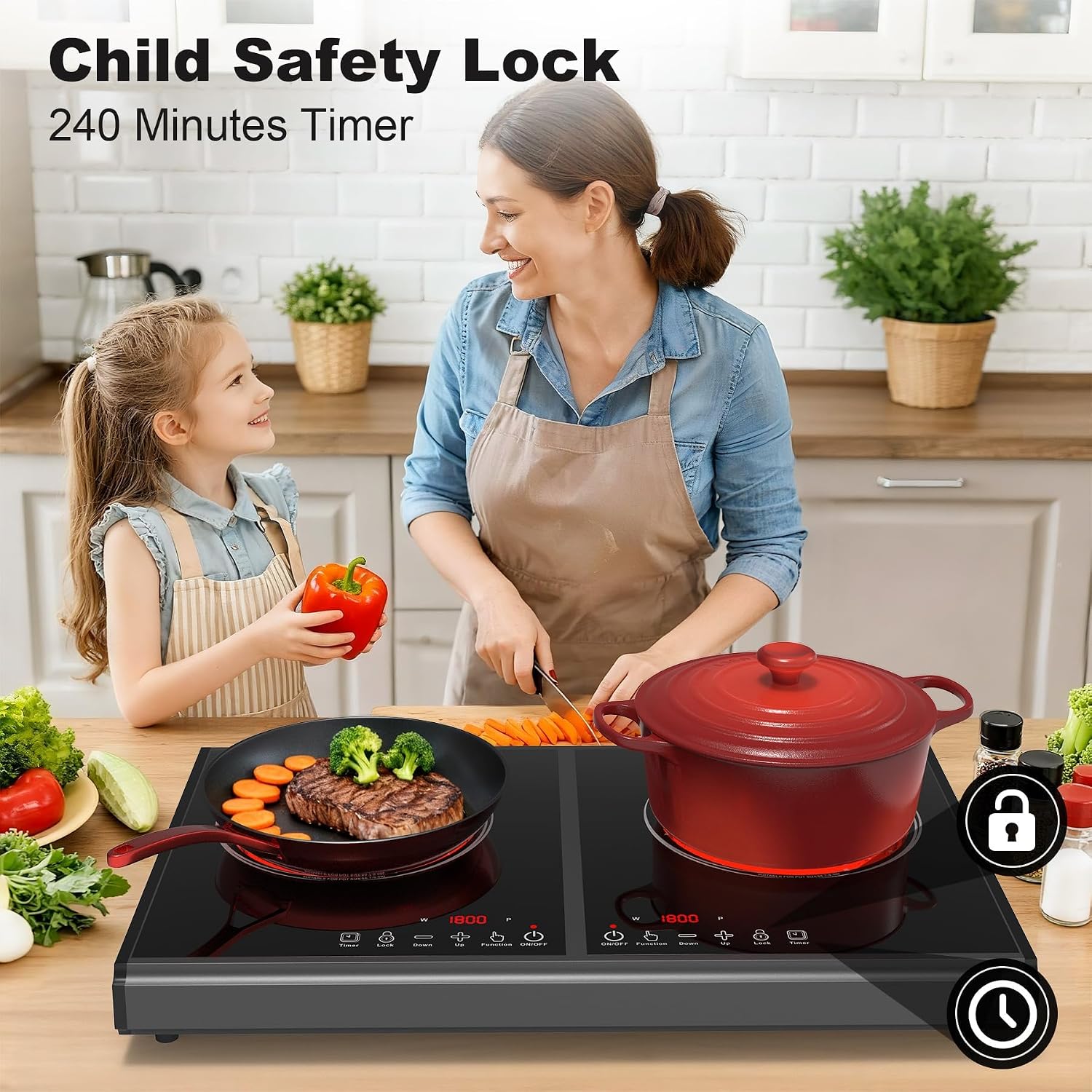 VBGK Electric Cooktop, 110V 3600w Stove top, 22 inch Countertop with 9 Power Levels, LED touch control Overheat Protection, Child Safety Lock & Timer, touch control 2 burer Electric cooktop