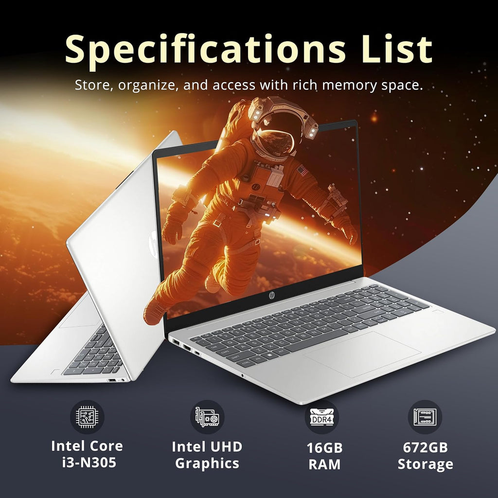 HP Pavilion 15.6' FHD Laptop, Intel i3-N305, 16GB RAM, 672GB Storage(512GB SSD+160GB Docking Station Set), Intel UHD Graphics, Fingerprint Reader, Num Pad, Webcam, Wi-Fi 6, Silver, Windows 11