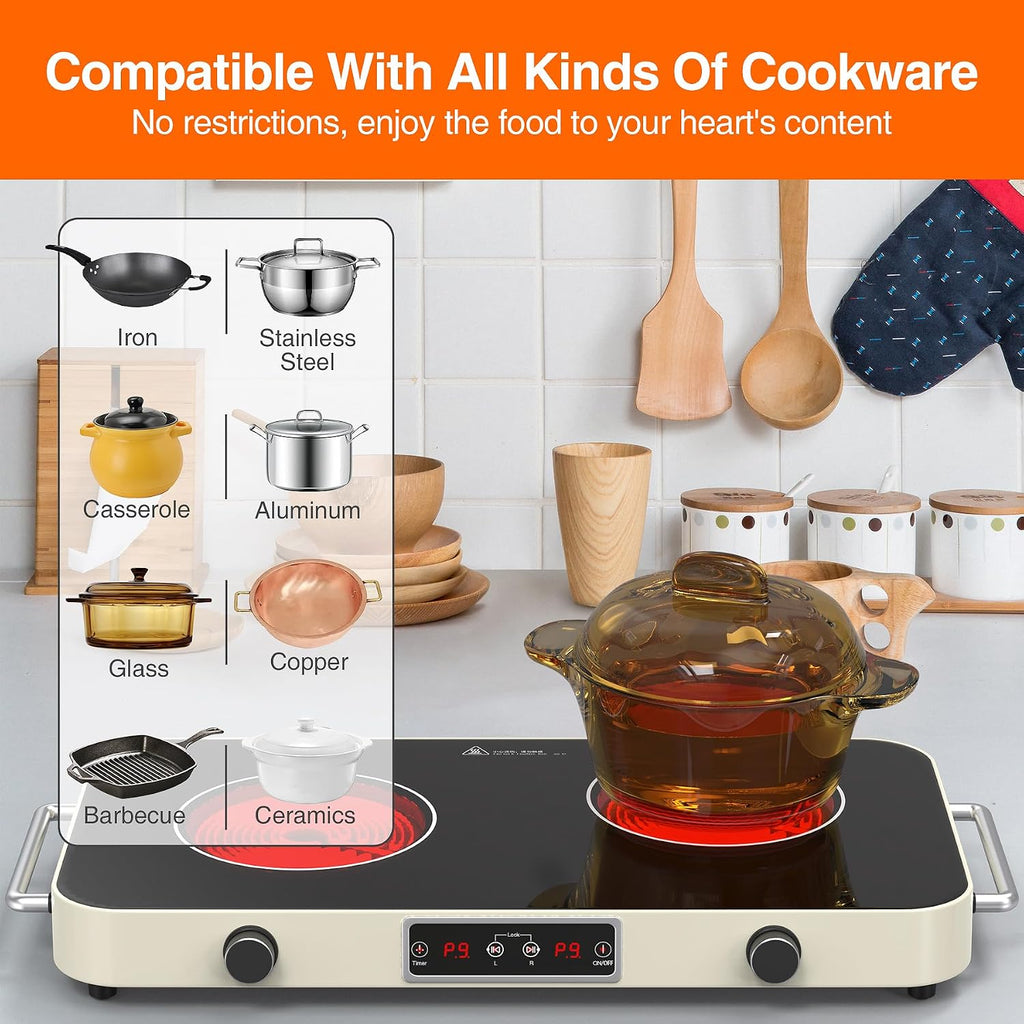 GIHETKUT Electric Cooktop, 2200W 110V Electric burner, Electric Stove Top with 2 Handle, 2 Burner Electric Cooktop with 9 Power Settings,Knob Control Child Safety Lock & Timer.