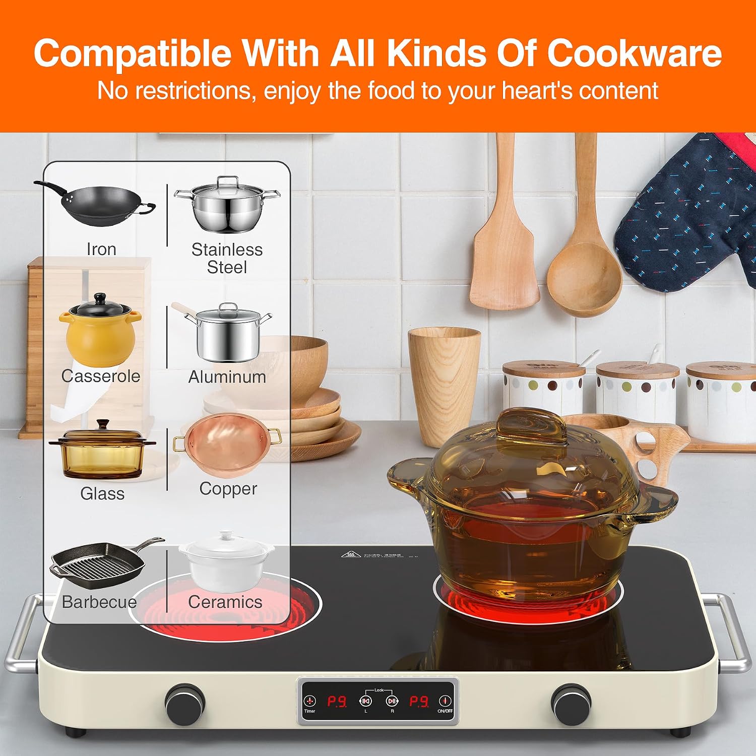 GIHETKUT Electric Cooktop, 2200W 110V Electric burner, Electric Stove Top with 2 Handle, 2 Burner Electric Cooktop with 9 Power Settings,Knob Control Child Safety Lock & Timer.