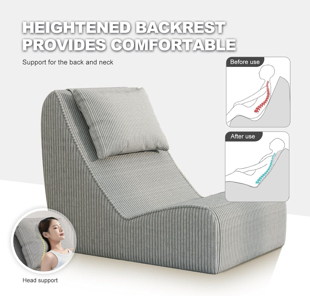 Giant Bean Bag Chair for Adults,Corduroy Chaise Lounge with Unrivaled Back Support, Detachable Neck Pillow, Comfortable Ottoman & Washable Cover for Living Room, Bedroom, Garden (Grey)