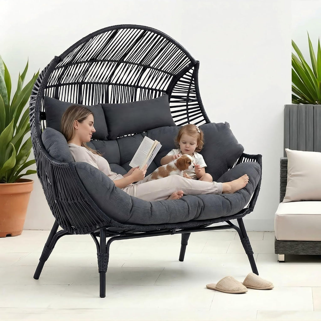 IRONCK Egg Chair Indoor Outdoor, 2 Person Double Egg Loveseat Chair, Oversized Thickened Padded Headrests and Cushions, 680 lbs Wicker Lounge for Balcony, Patio, Garden, Black and Gray