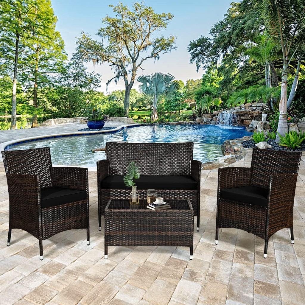 Goplus 4-Piece Rattan Patio Set, Outdoor/Indoor Wicker Conversation Set for Pool, Backyard, Lawn, Wicker Chairs and Sofa with Soft Cushion, Rattan Furniture with Tempered Glass Coffee Table