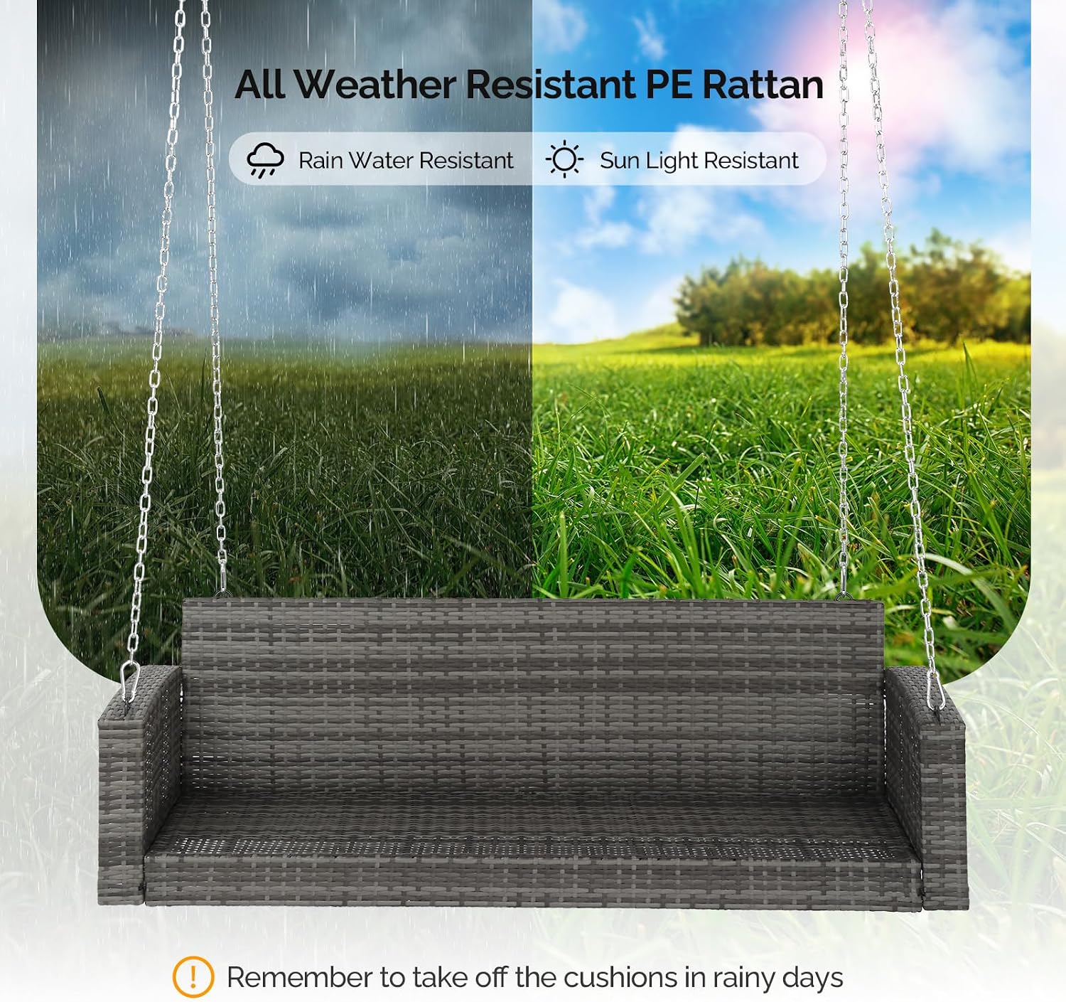 VINGLI Rattan Porch Swing, Heavy Duty 800 LBS Outdoor Hanging Seat with Extra Cushion and Adjustable Chain, the Porch Swing Seat Made by Wicker Suits for Garden, Yard, Lawn (Grey, 5 FT)