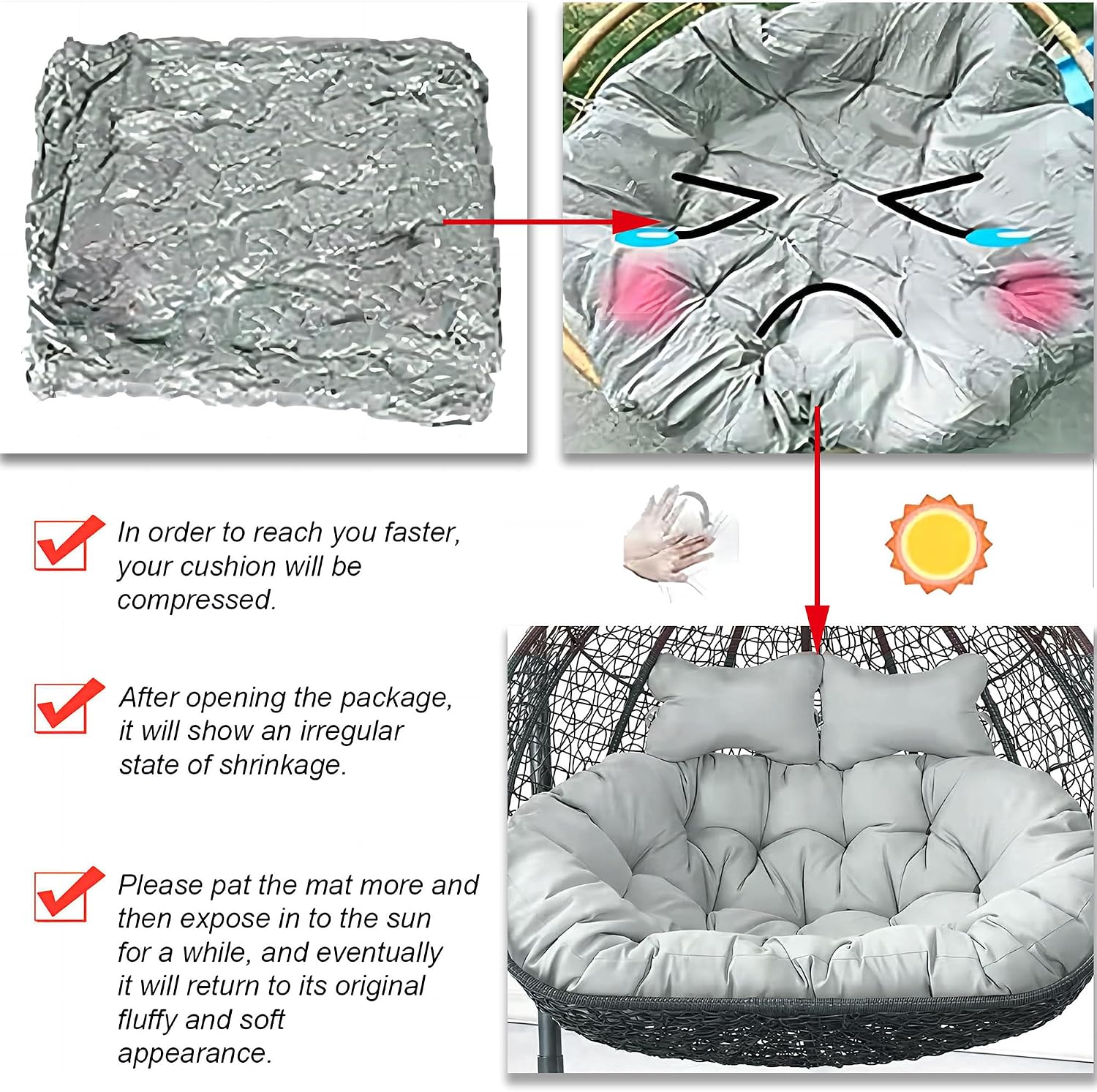 2 Seater Egg Chair Swing Cushion Outdoor, Washable Hanging Egg Chair Cushions Replacement, Large Single Chair Pads Nest Shaped Seat Cushions, Thick Soft Solid Color Chair Back Pillow