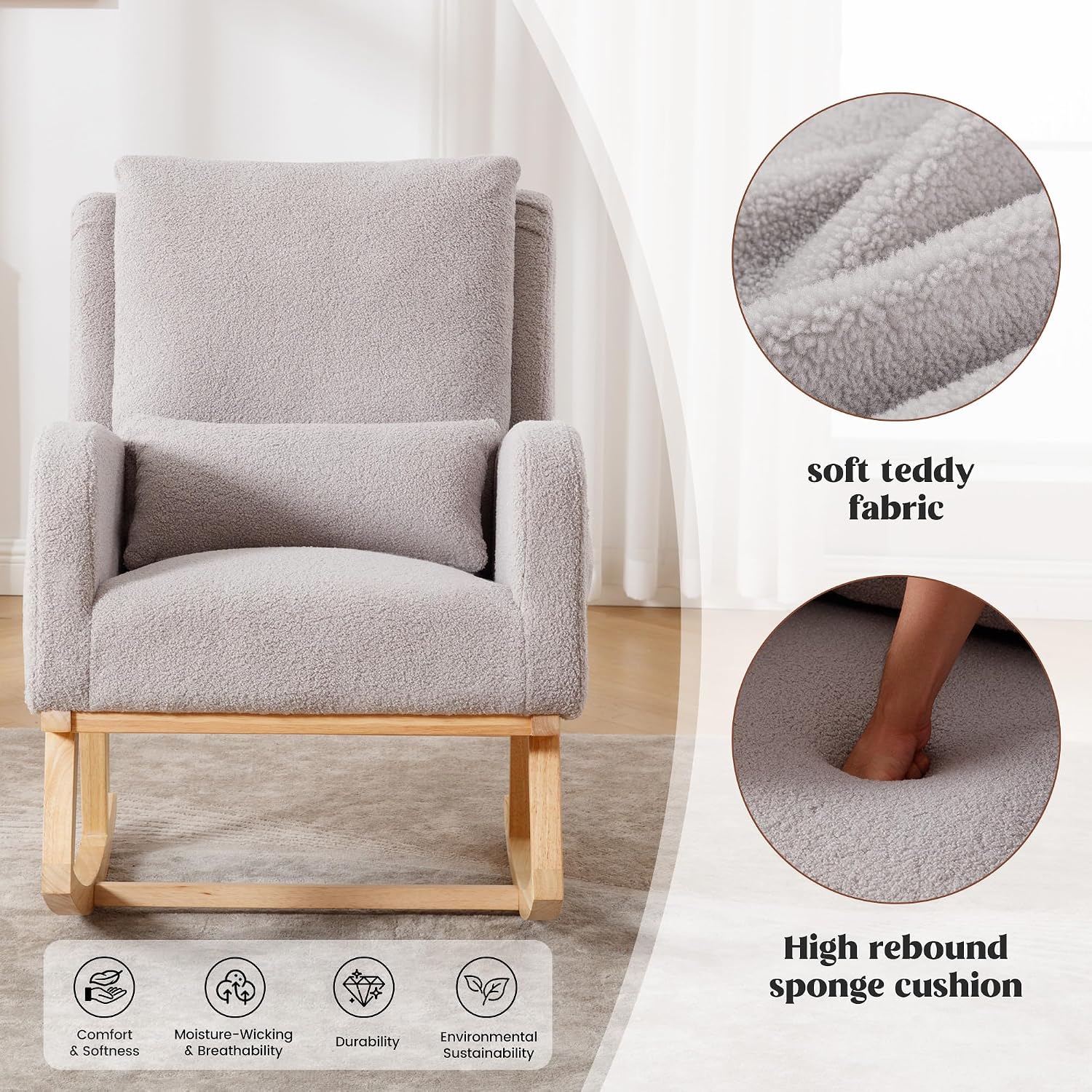 HCHAIRH Rocking Chair Nursery, Sherpa Nursing Rocking Chairs, Upholstered Nursery Glider Rocker for Mom Nursery Morden Accent Rocking Chair Pillow for Living Room,Bedroom,Teddy Light Grey