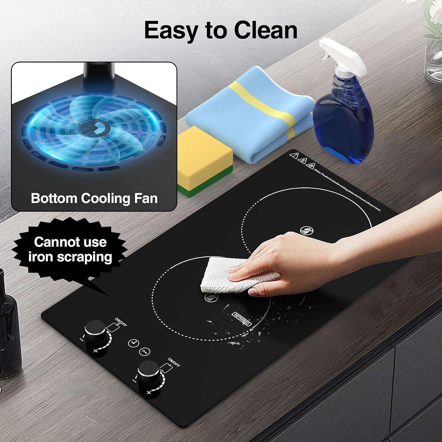 Electric Cooktop, 2 Burner Ceramic Cooktop 2400W 110V, Built-in or Countertop with Touch and Knob Control, 10 Power Levels, Child Lock, Timer, Hot Surface Indicator, Overheat Protection