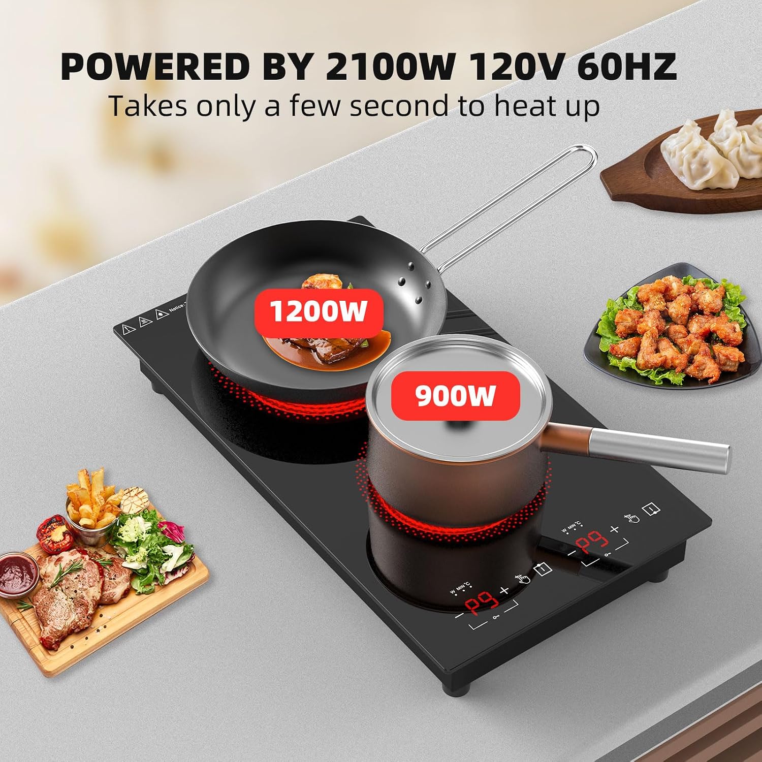 Electric Cooktop 2 Burners 2100W, 110v-120v Electric Stove Top 12 inch, Countertop & Built-in Cooktop, 20 Temperature 9 Power Levels, Child Lock, Timer, Over-Heat Protection