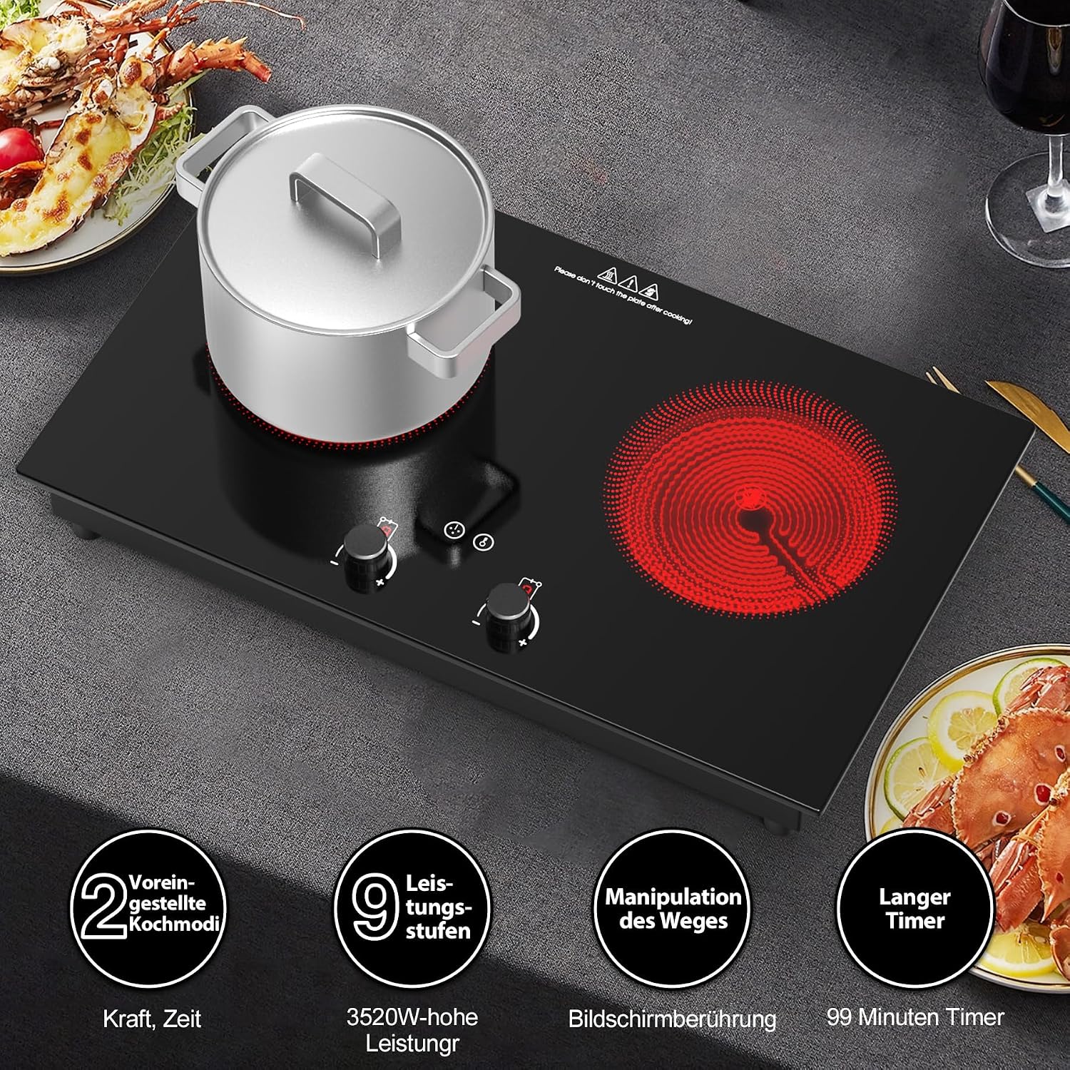 VBGK Electric Cooktop,2400W Electric Stove Top,Countertop and Built-in Hot Plate with Child Safety Lock, Timer, LED touch Knob Control,Overheat Protection,110V 2 Burner Induction Cooktop