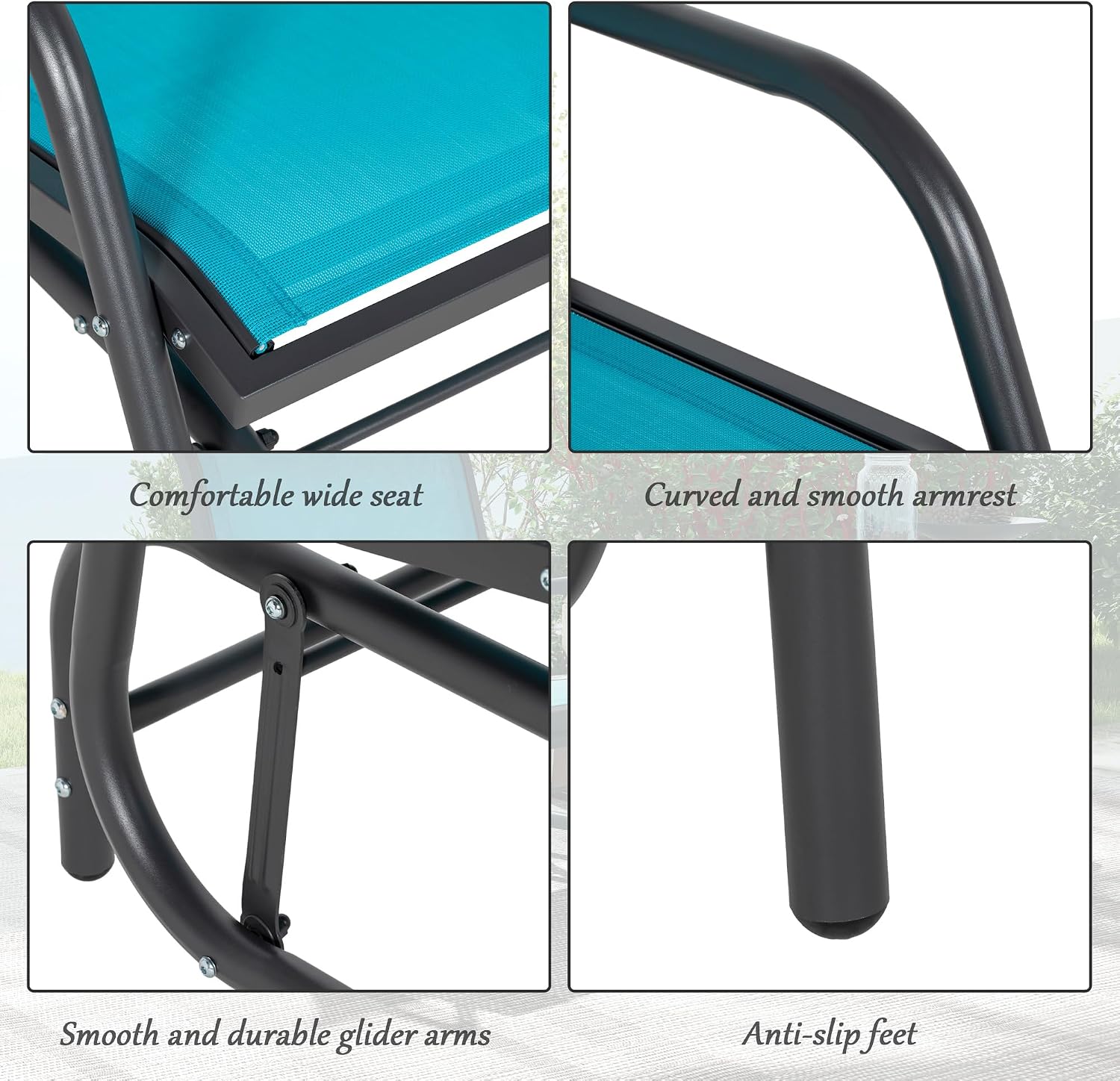Outsunny Porch Glider Set of 2, Metal Frame Swing Glider Chair with Breathable Mesh Fabric, Curved Armrests and Steel Frame for Garden, Poolside, Backyard, Balcony, Blue
