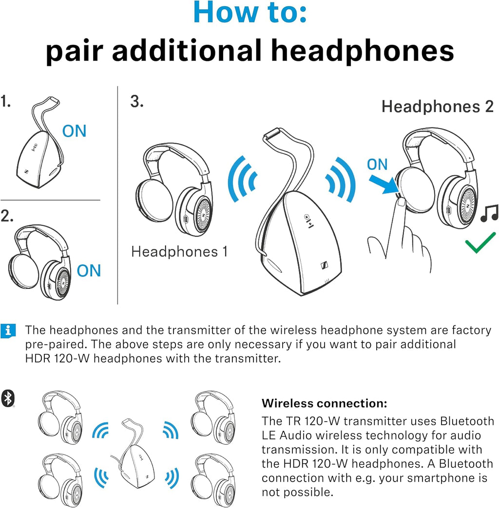 Sennheiser RS 120-W On-Ear Wireless Headphones for Crystal-clear TV Listening with 3 Sound Modes, Lightweight Design, Easy Volume Control, 60 m Range and Convenient Transmitter/Charger Combo - Black