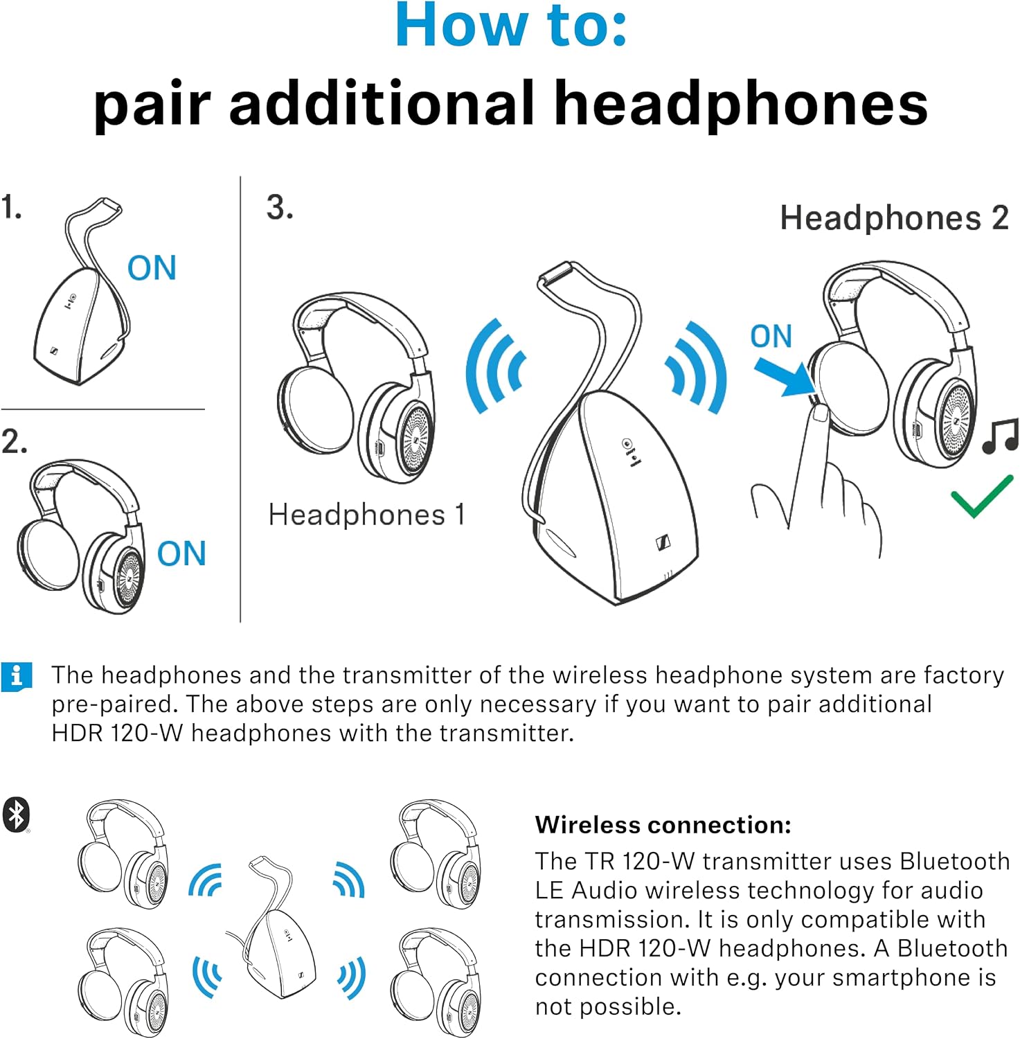 Sennheiser RS 120-W On-Ear Wireless Headphones for Crystal-clear TV Listening with 3 Sound Modes, Lightweight Design, Easy Volume Control, 60 m Range and Convenient Transmitter/Charger Combo - Black