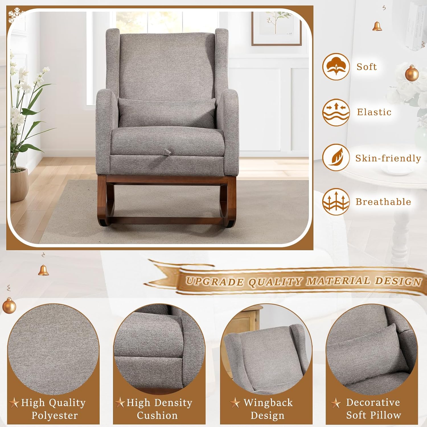 Modern Rocking Chair Nursery Glider, Comfy Rocker Nursery Chair with Foot Rest, Accent Reading Armchair with Pillow and Pocket, Upholstered Lounge Rocker with Solid Wood Base for Relaxing (Taupe)