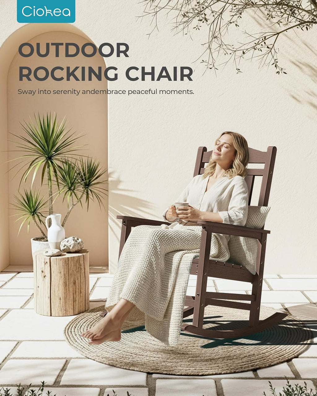 Ciokea Oversized Outdoor Rocking Chairs Set of 2, 380lbs Heavy-Duty Large Patio Rocker, High Back Cozy Porch Chairs, Weather Resistant Patio Rocking Chairs for Outside, Fire Pit, Deck, Brown