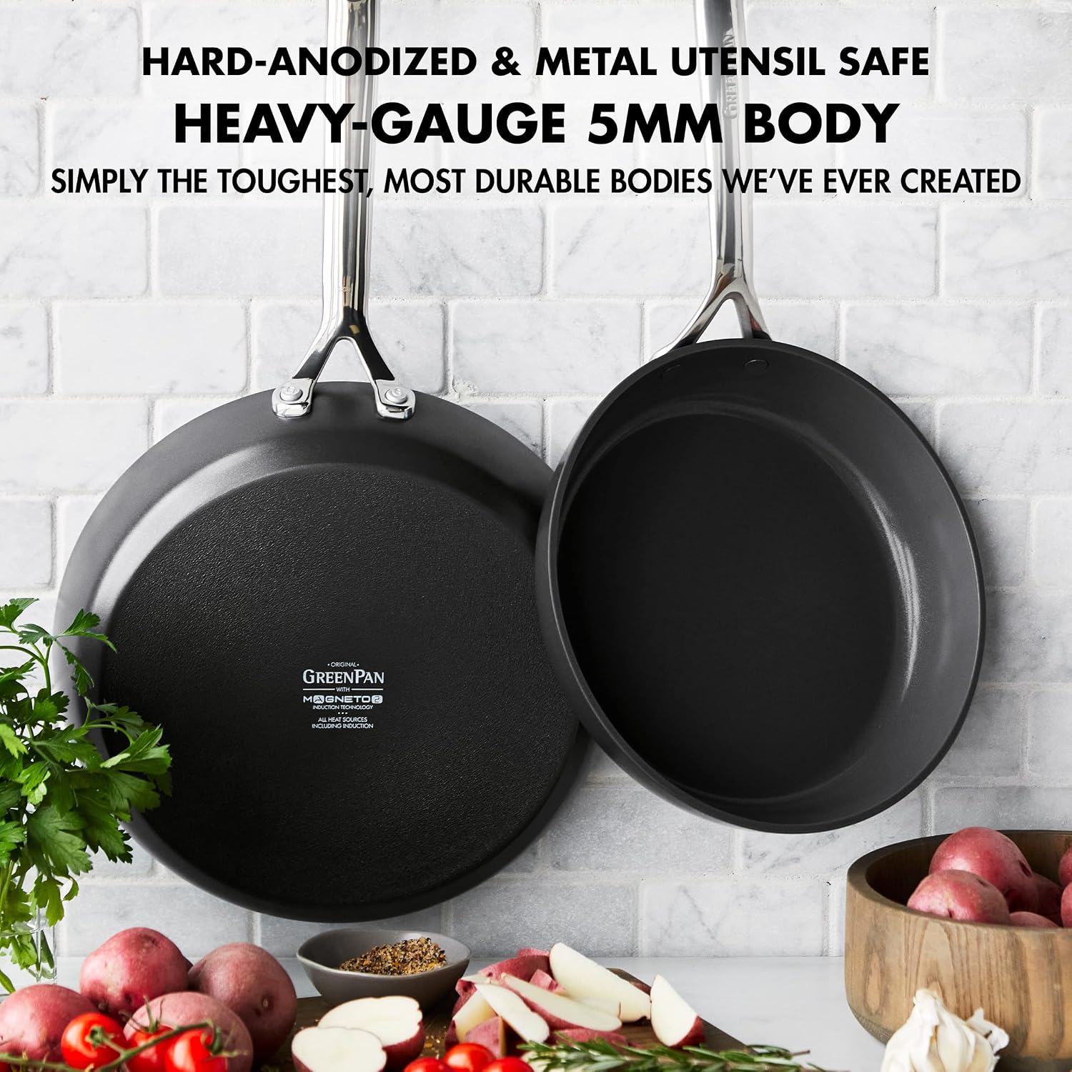 GreenPan 9.5' & 11' Ceramic Nonstick Frying Pan Skillet Set, PFAS-Free, Hard Anodized Cookware, Induction Compatible & All Cooktops, Dishwasher & Oven Safe, GP5 Stay-Flat Surface, Black