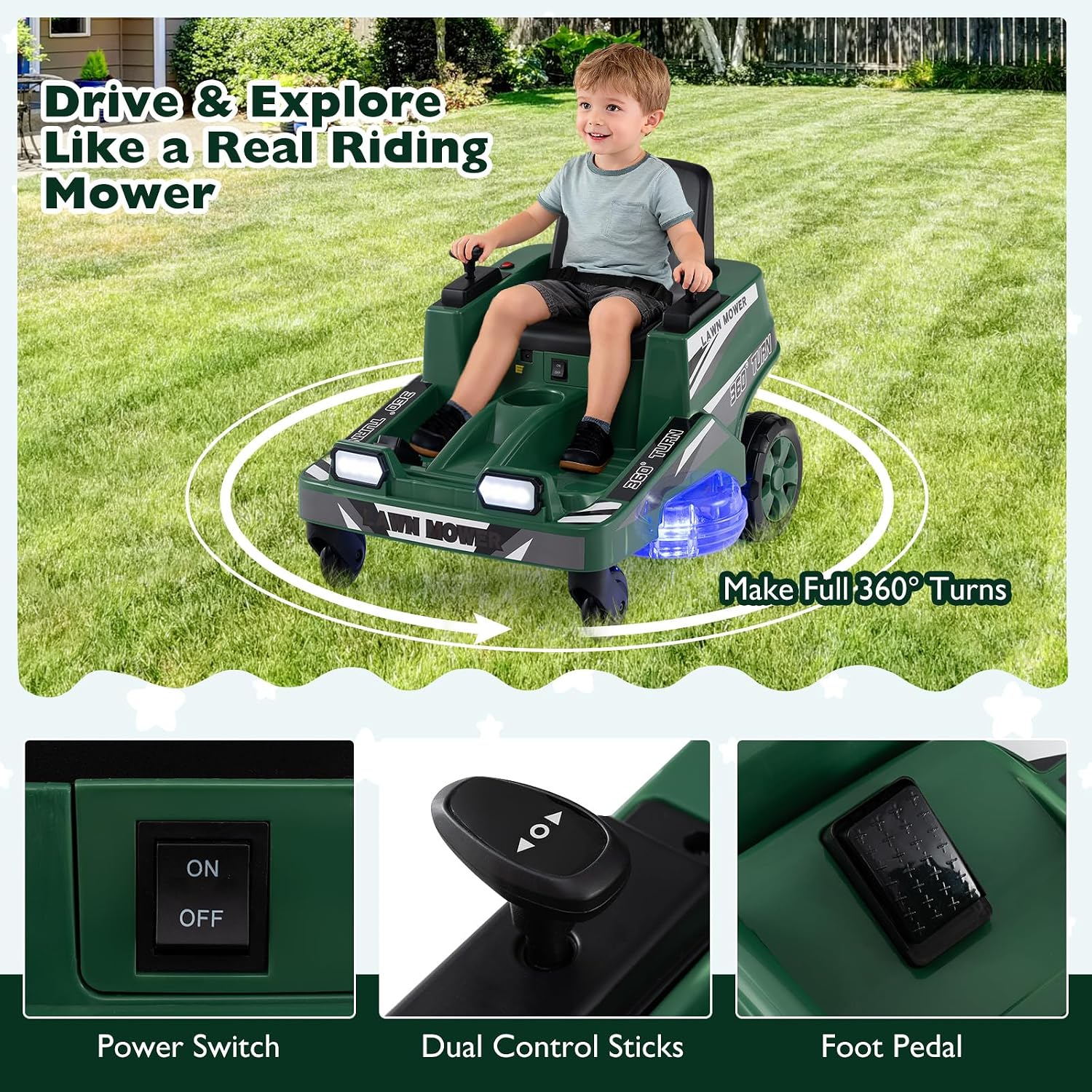 Costzon Ride on Lawn Mower for Kids, 12V Toddler Electric Car with 360° Twist and Turn, Dual Control Sticks, LED Lights, Outdoor Ride on Toy Gift for Boys & Girls Aged 3-8 (Dark Green)