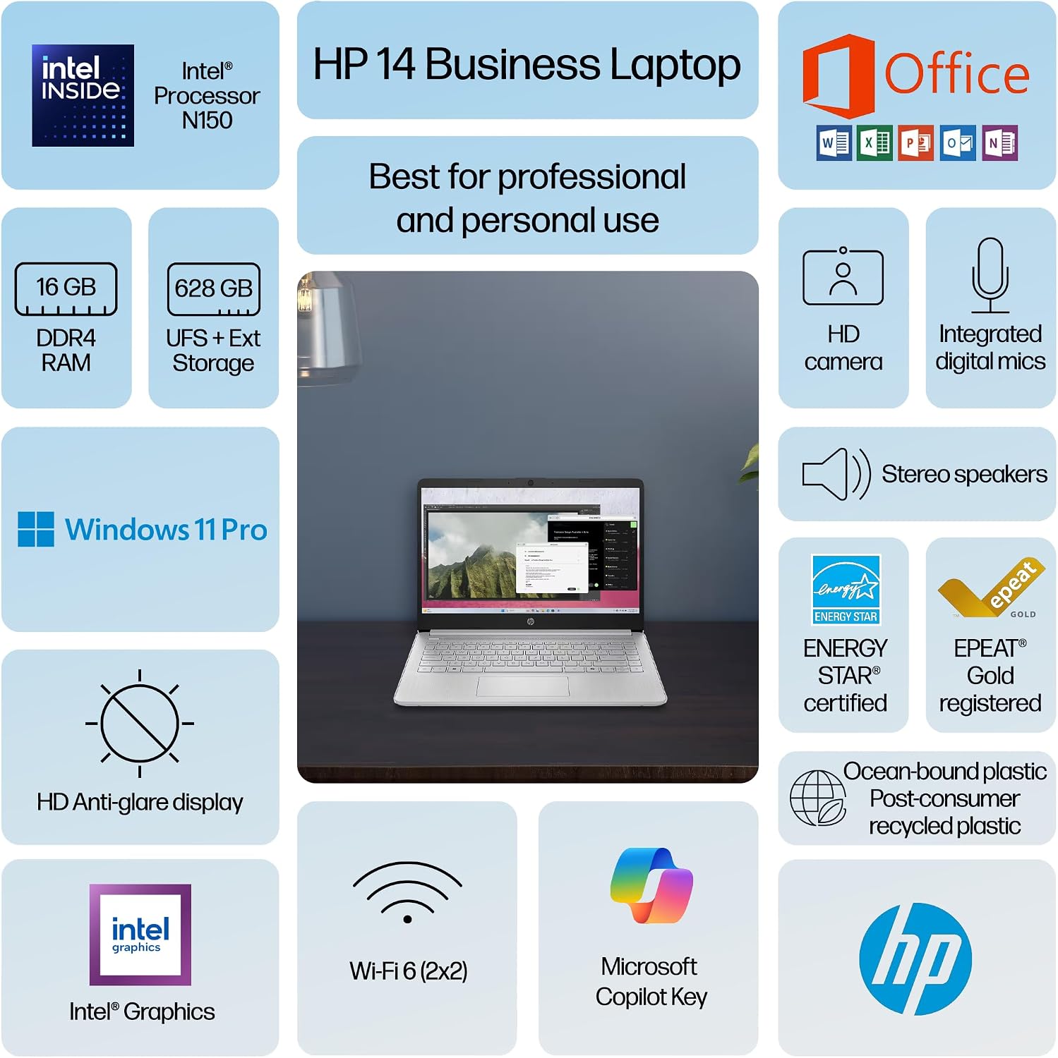 HP 14' Laptop Computer 2025-2026 Business Student, Copilot AI, Lifetime Office, 4-Core Intel CPU, 16GB RAM, 628GB Storage (128GB UFS +500GB Ext), Wi-Fi 6, 10+ Hrs, MarxsolAccessory, Win 11 Pro, Silver