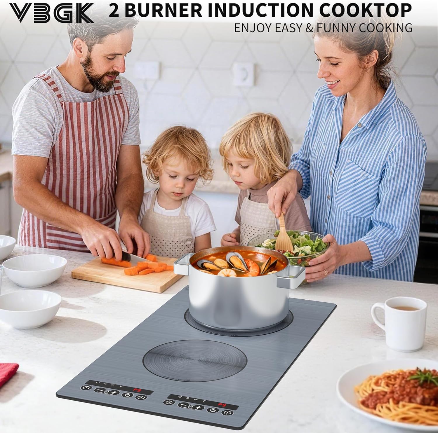 VBGK induction cooktop,110V 2300W double burner hot plate with LED touch control, 9 Power Levels, Kids Lock & Timer, Overheat Protection,2 burner induction cooktop