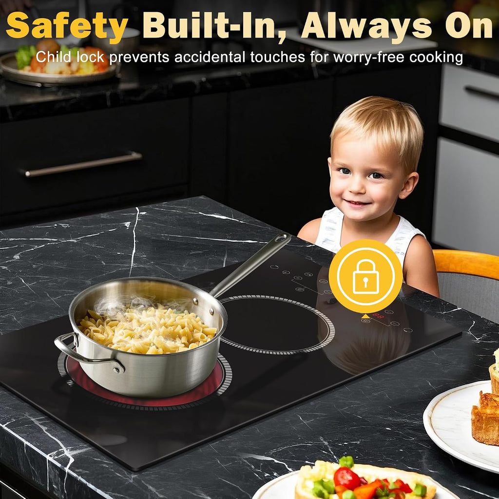 2 Burner Electric Cooktop, 12 Inch Electric Stove Top, 120V Double Burner Countertop Stove 2000W with Timer & 9-Level Adjustment, Sensor Touch Control, Child Lock, Built-in Radiant Cooktop Pladeca