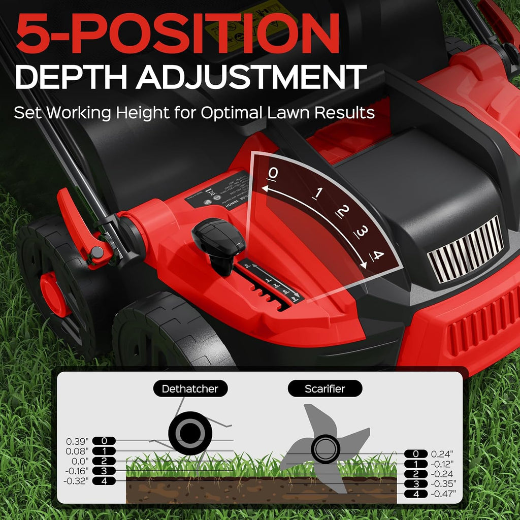 TIECTOWN 16-Inch 15.5 Amp 2-in-1 Electric Dethatcher and Scarifier with 14.5-Gallon Collection Bag, Lawn Dethatcher with 5-Position Depth Adjustment, Blade Replacement Without Tool - Red