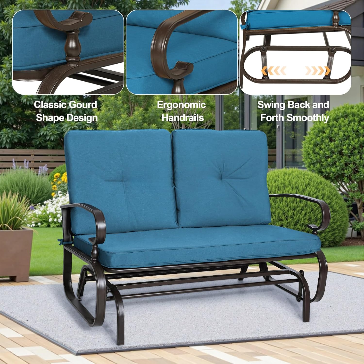 Incbruce Outdoor Glider Rocking Chair Patio Glider Bench for 2 Person, Porch Loveseat Seating Patio Steel Frame Chair Set with Cushion for Porch, Patio, Garden (Blue)