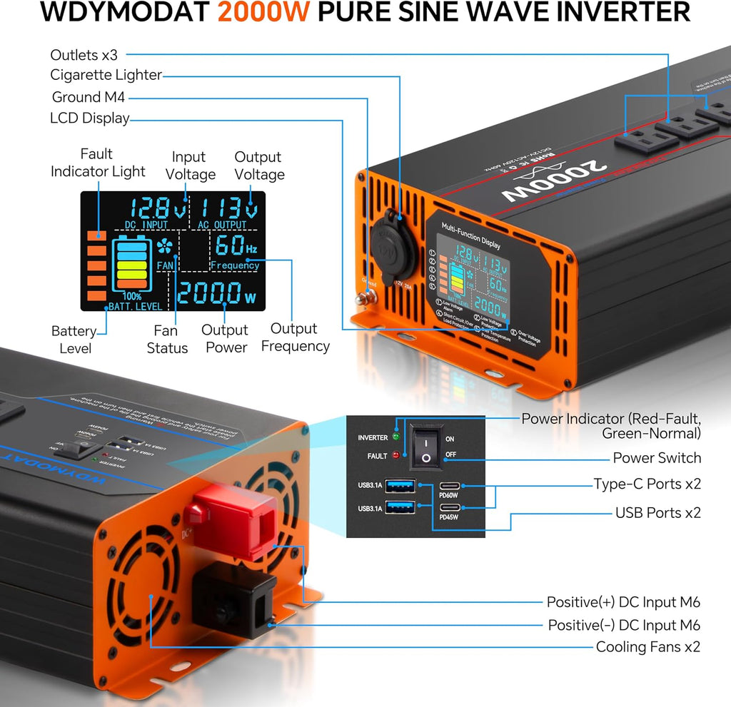 2000W Pure Sine Wave Inverter, Car Power Inverter 12V to 110V 120V, DC to AC Converter Generator with AC Outlets 3.0A USB Type-C, Remote Controller LCD Display Truck Inversor for Vehicles, RV