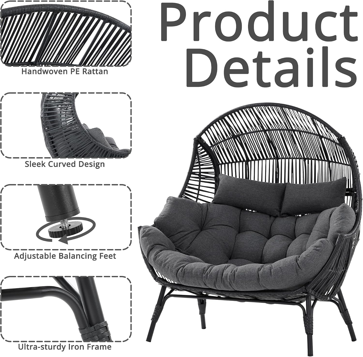 IRONCK Double Egg Chair Outdoor, 2 Person Wicker Lounge Chair, Oversized Thickened Padded Cushions and Headrests, 680 Lbs Egg Loveseat for Indoor, Patio, Living Room, Porch, Balcony, Dark Grey