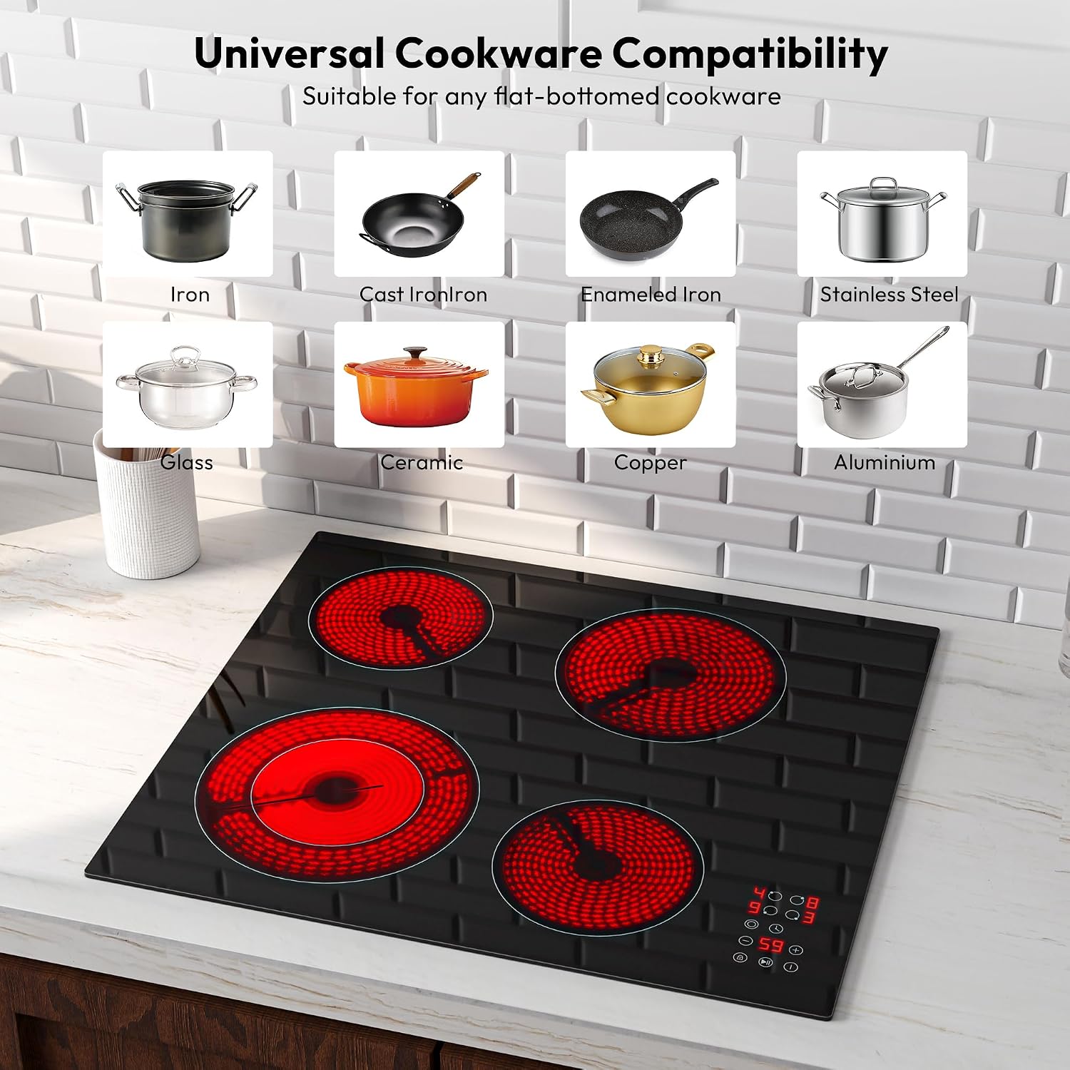 Empava 24 Inch Electric Stove Cooktop 4 Burners, Dual-Ring Zone, Timer, Child Lock, Stop & Go, Built-in Design, 208~240V Hard Wired (No Plug)