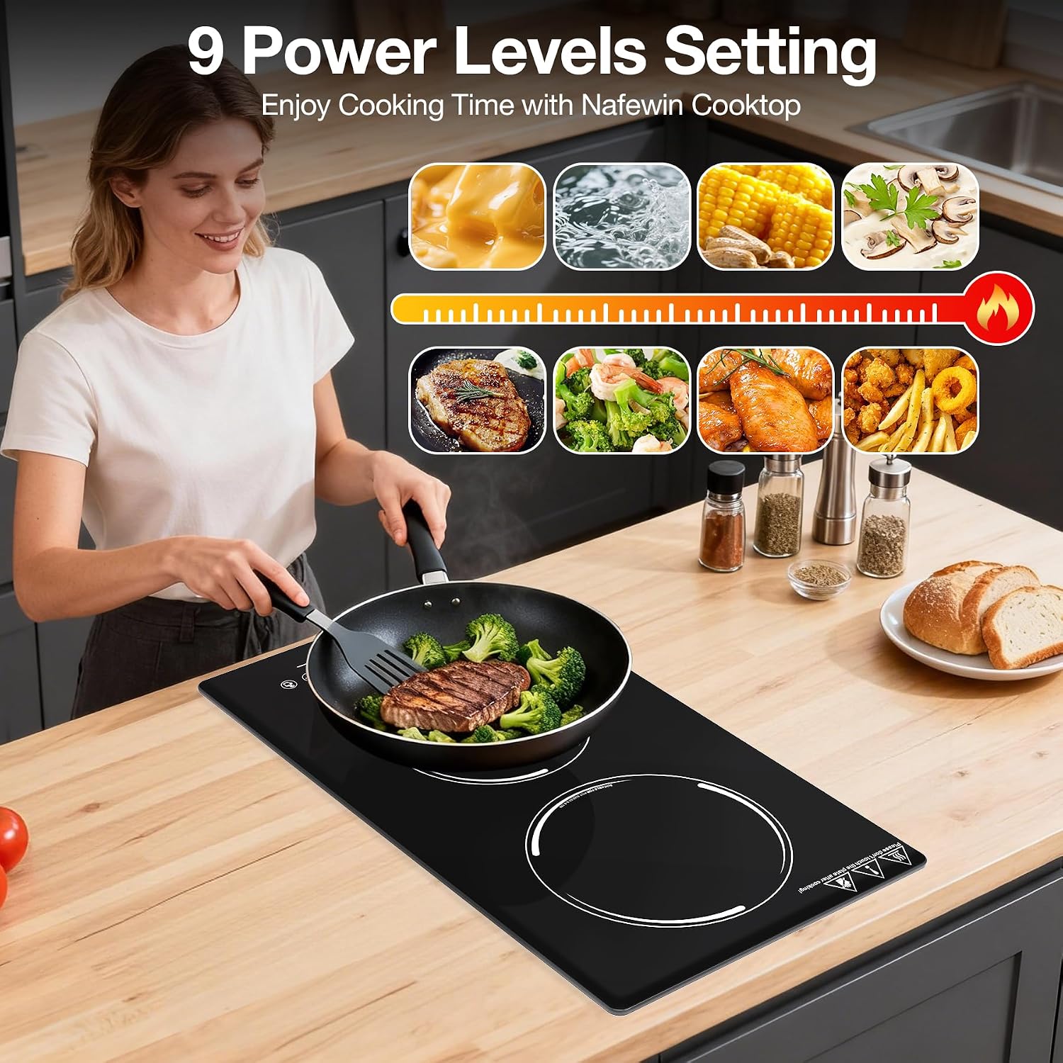 Double Induction Cooktop, Portable Induction Stove Hot Plate with 9-Level Touch Control, Safety Lock, Auto Shutoff Timer Setting, Overheating Protection for Apartments, RVs, Camping