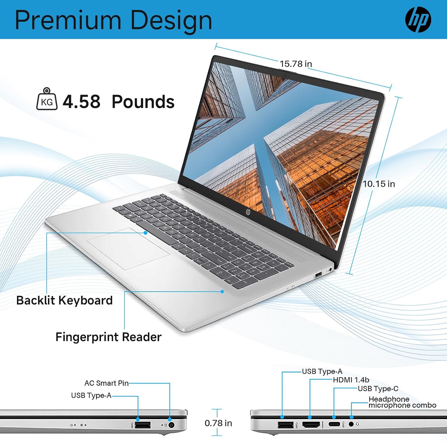 HP 17 Inch Laptop, 17.3' HD+ Display, Intel i5-1334U (10 Cores, Up to 4.6 GHz), 32 GB RAM, 1 TB SSD, Backlit Keyboard, Fingerprint Reader, Wi-Fi 6, HD Webcam, Windows 11 Pro for Business and Students