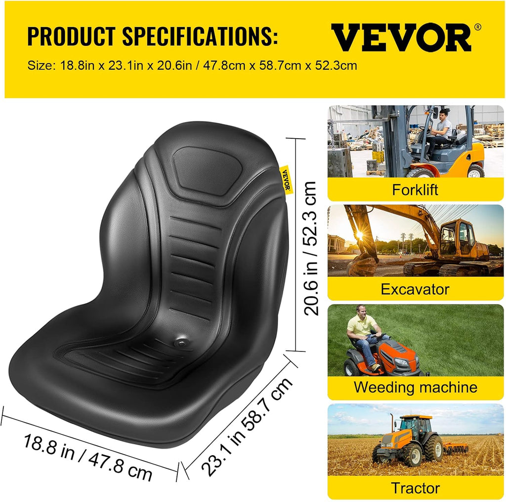 VEVOR Universal Lawn Tractor Seat Replacement, Compact High Back Mower Seat, Black Vinyl Forklift Seat, Central Drain Hole Skid Steer Seat with Mounting Bolt Patterns of 8' x 11.5' & 11.25' x 11.5'