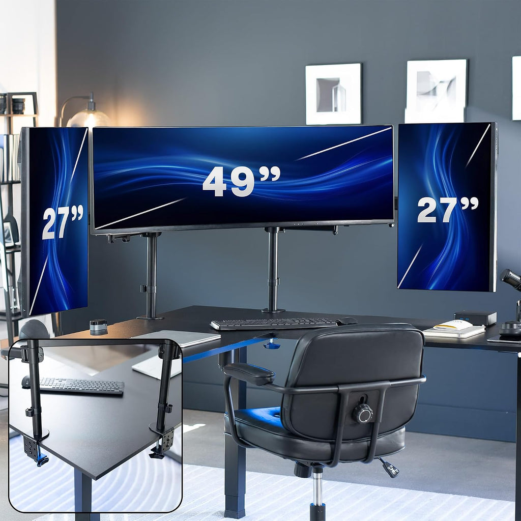 VIVO Clamp-on Dual Pole Triple Monitor Desk Mount for 1 Center Utrawide up to 49 inches and 59.4 lbs, 2 Side Screens up to 38 inches and 17.6 lbs, Low Profile Adjustable Stand, Black, STAND-V300CU