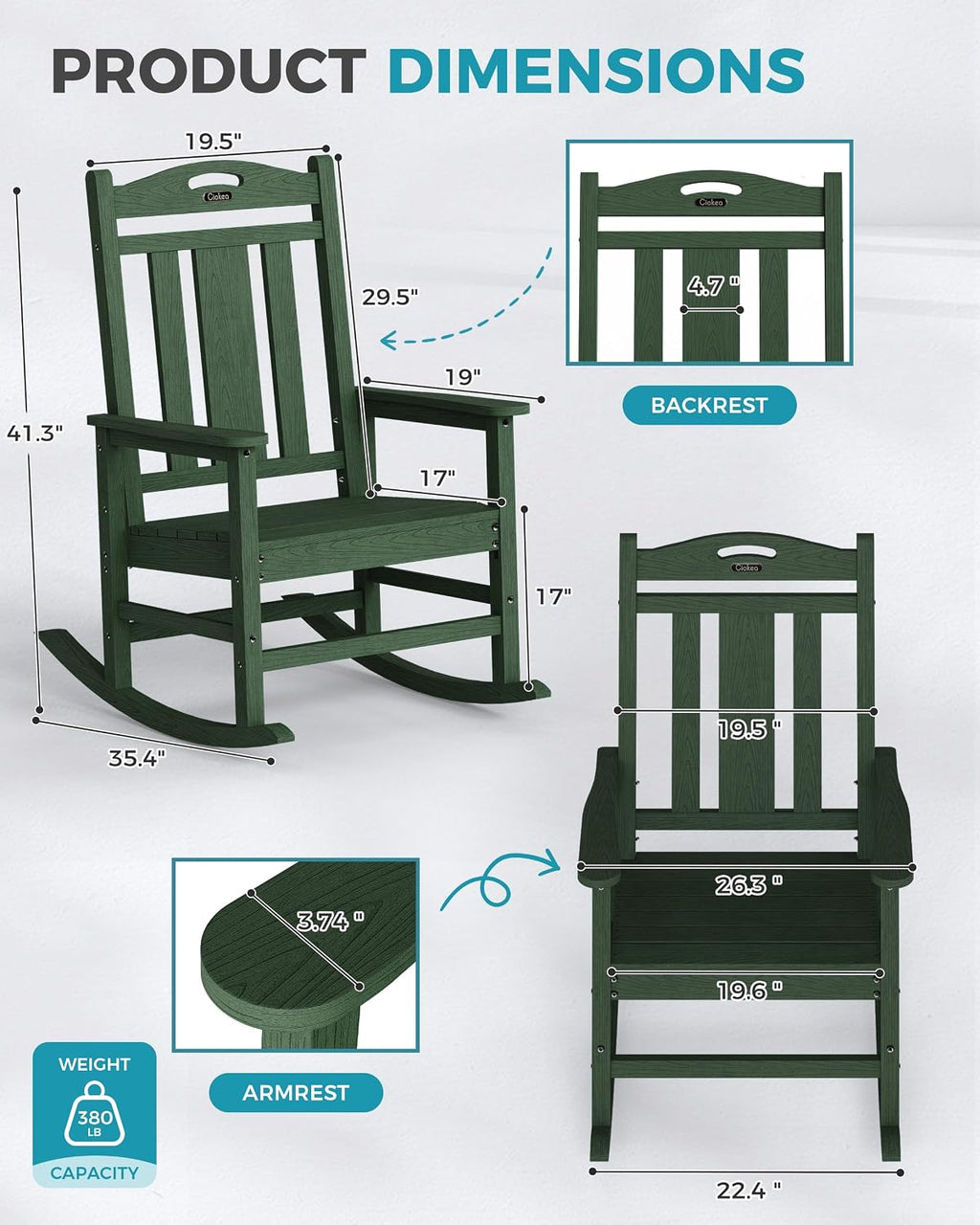 Ciokea Oversized Outdoor Rocking Chairs Set of 2, 380lbs Heavy-Duty Large Patio Rocker, High Back Cozy Porch Chairs, Weather Resistant Patio Rocking Chairs for Outside, Fire Pit, Deck, Forest