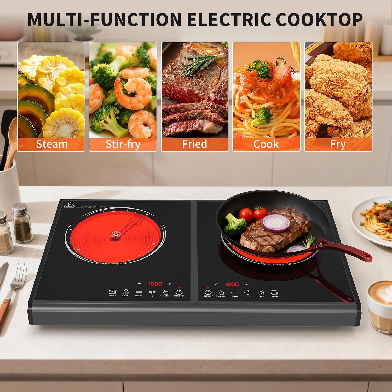 VBGK Electric Cooktop, 110V 3600w Stove top, 22 inch Countertop with 9 Power Levels, LED touch control Overheat Protection, Child Safety Lock & Timer, touch control 2 burer Electric cooktop