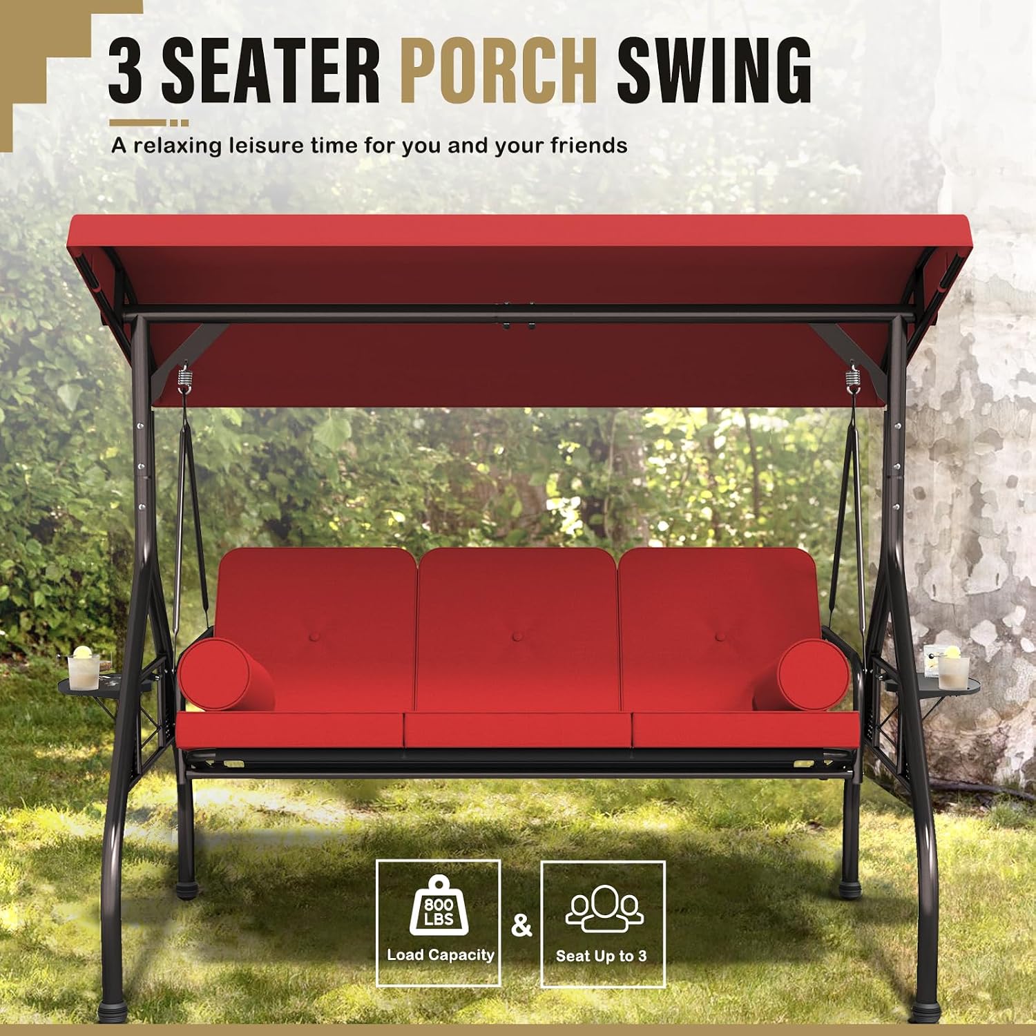 Betterland 3-Seat Patio Swing Chair, Outdoor Porch Swing with Pillows, Cushions & Cup Holders, Adjustable Canopy Outside Bench Swing for Backyard, Porch, Garden(Red)