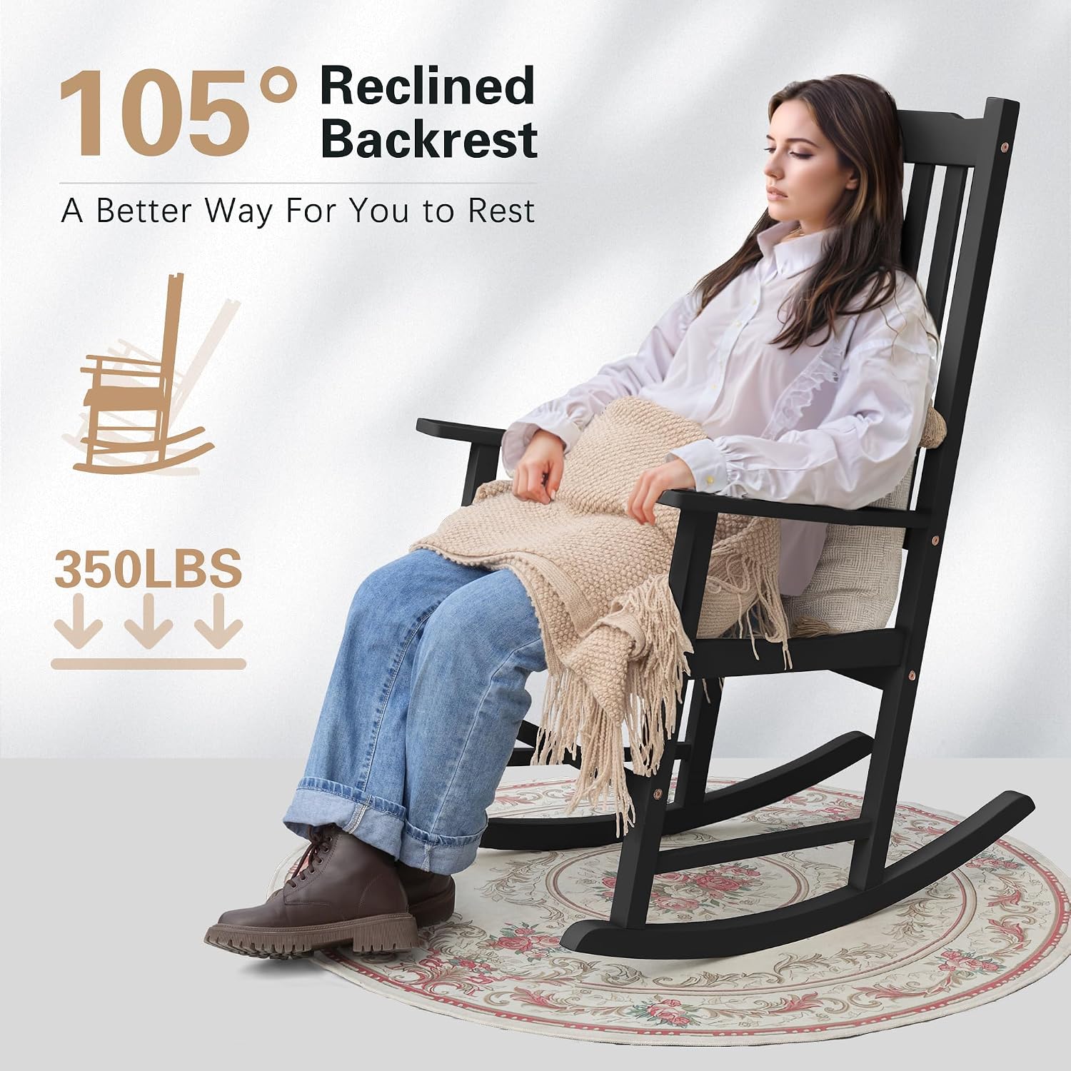 Greesum Outdoor Rocking Chair, Acacia High Back Oversized All-Weather Lounge Rocker with 320 lbs of Support for Patio, Garden, Deck, Porch,Black