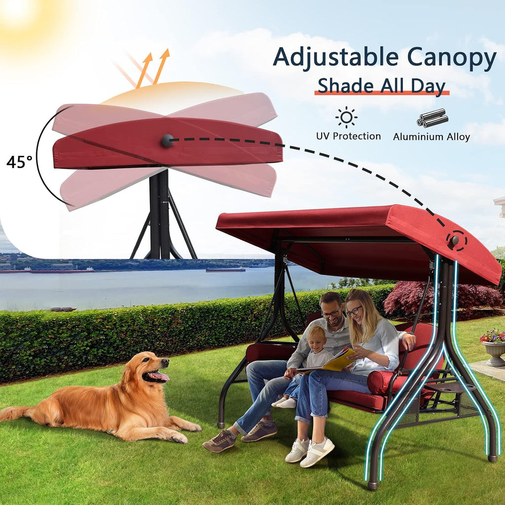 NOBLEMOOD Patio Porch Swing, 3-Seat Outdoor Swing with Adjustable Canopy, Waterproof Fabric Cushion, Pillow and Foldable Side Tray for Patio, Backyard, Porch Swing Bed for Spring