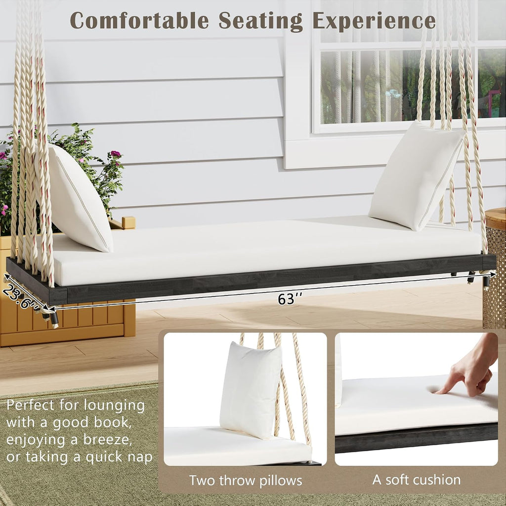 YOPTO Acacia Wood Porch Swing Bench with Cushion & Pillows, 63' Outdoor Hanging Bench for 2 Adults, Rustic Heavy Duty 10.8ft Ropes Swing Daybed for Patio Backyard Garden, White