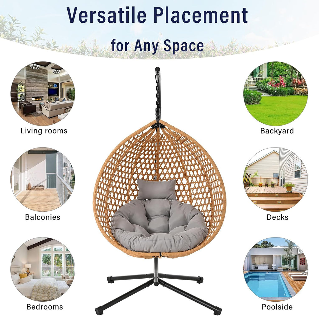 Single Hammock Chair with Stand Durable Hanging Egg Chair with Rattan Weaving, Indoor Outdoor Swing Chairs with Soft Removable Cushion for Balcony, Bedroom, Patio, or Garden, Natural+Grey