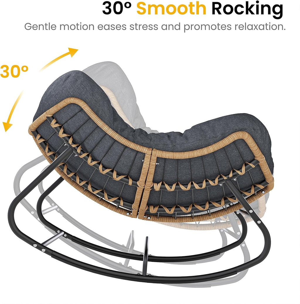 Oversized Papasan Rocking Chair Outdoor, Comfy Wicker Patio Papasan Egg Rocker with Thick Cushion for 450 lbs, Indoor Lounge Reading Chair for Living Room, Porch, Garden, Balcony-Dark Gray