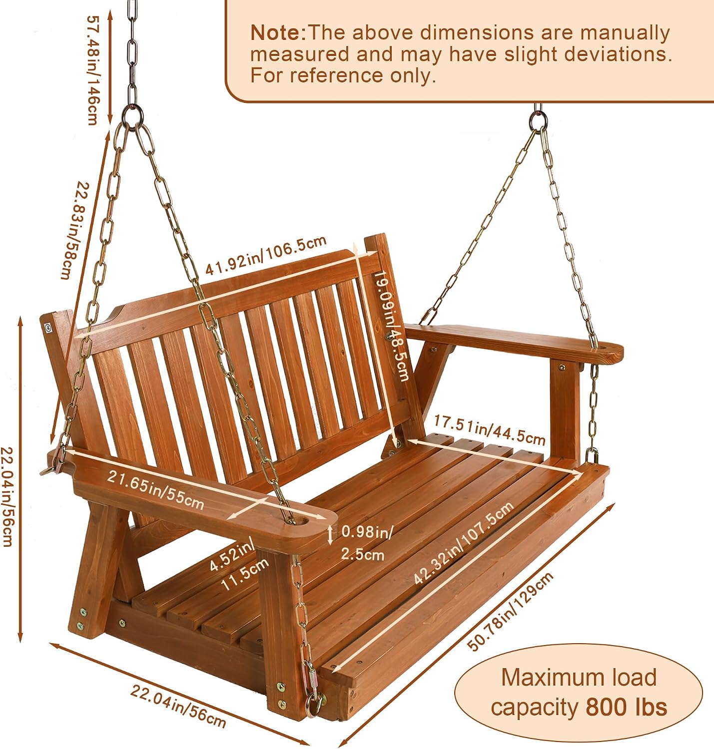 Anraja Wooden Porch Swing 2-Seater Bench Swing with Hanging Chains Heavy Duty 800 LBS for Outdoor Patio Garden Yard, Large 4 Ft, Brown