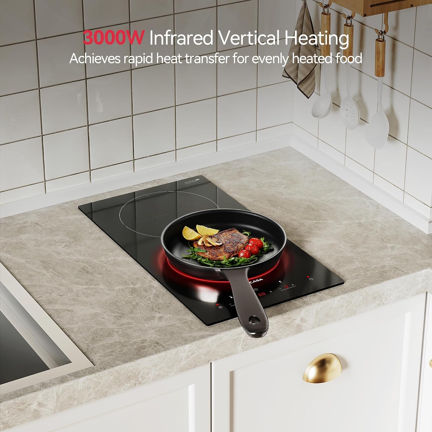 12 Inch 2 Burners Electric Cooktop, TECASA 3000W Radiant Electric Hob with 9 Power Levels, Built-in Ceramic Stove Top with Child Lock, Timer, Residual Heat Indicator, Hard Wire (No Plug)
