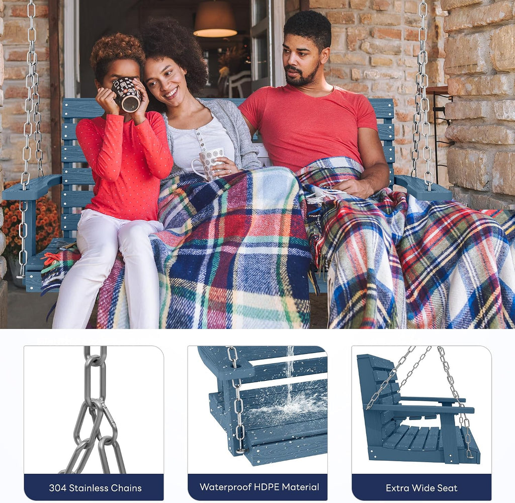 KINGYES Outdoor Hanging Porch Swing, 2 Seat Patio Swing Chair with Cup Holders, Waterproof Swing Chair Bench for Courtyard & Garden, 660LBS Weight Capacity, Blue