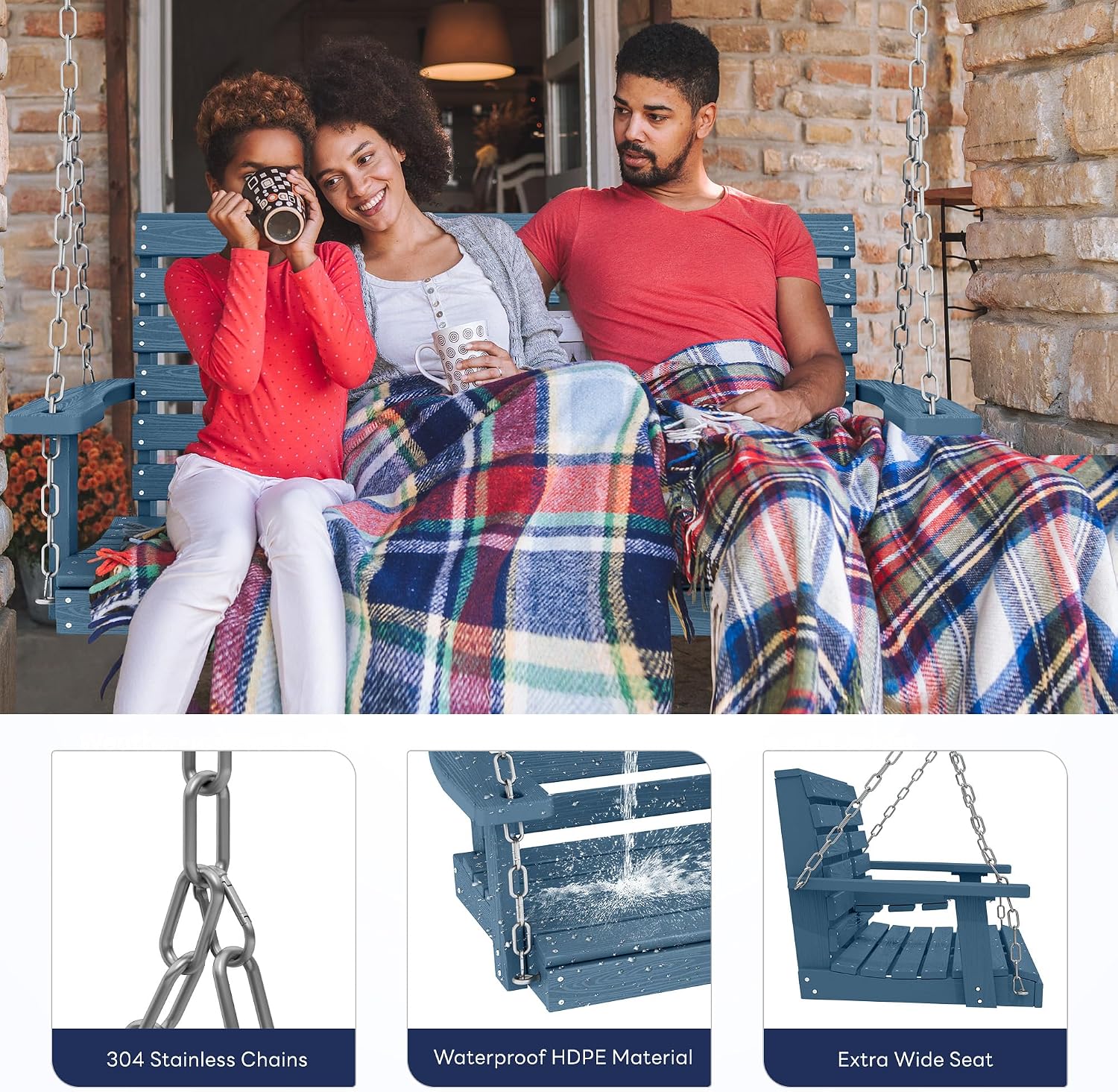 KINGYES Outdoor Hanging Porch Swing, 2 Seat Patio Swing Chair with Cup Holders, Waterproof Swing Chair Bench for Courtyard & Garden, 660LBS Weight Capacity, Blue