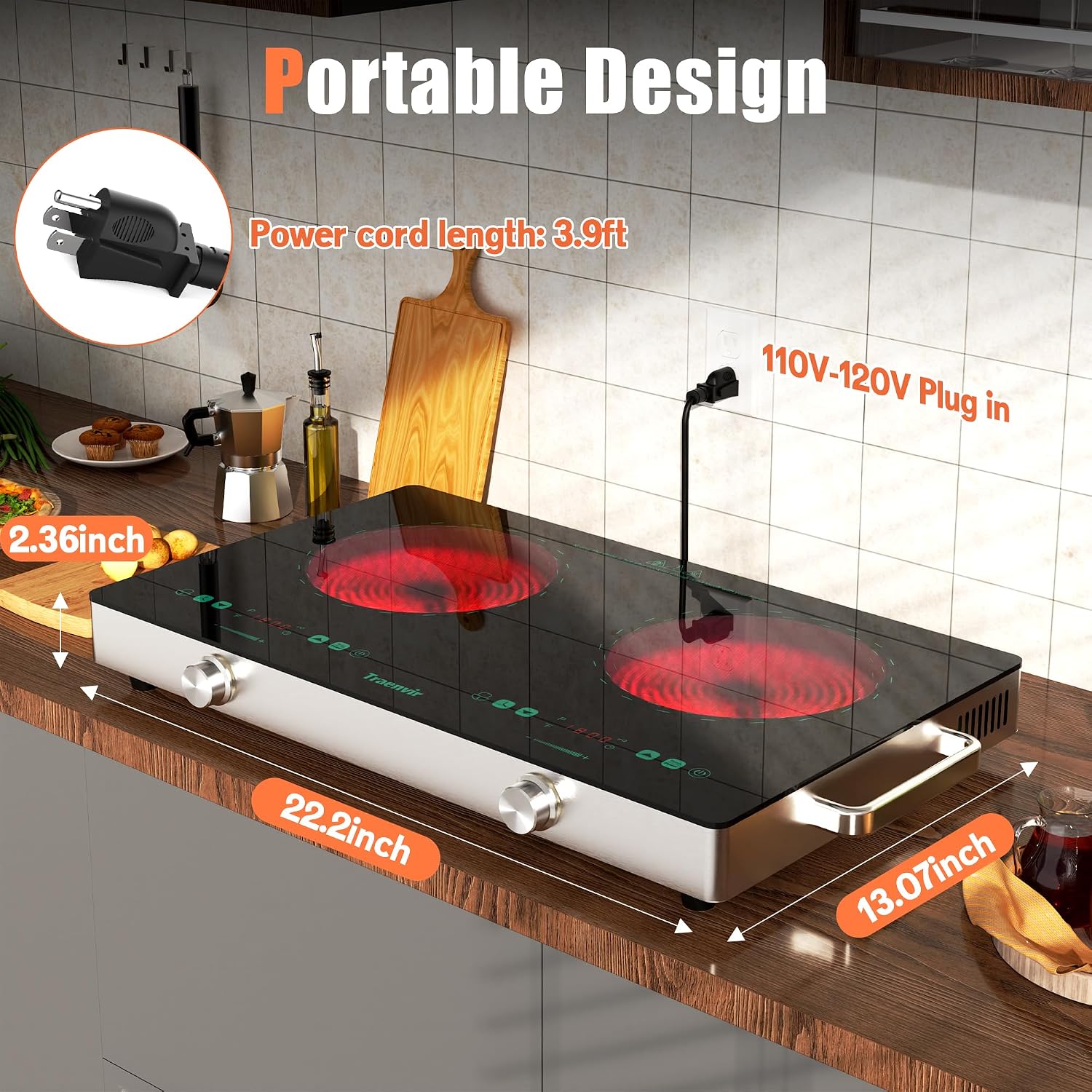 2 Burner Electric Cooktop, Two Burner Electric Stove 24 Inch, Portable Ceramic Cooktop with Handle, SensorTouch & Knob Control, Child Lock, Timer, 9 Power Levels, 110V-120V Plug in, Green